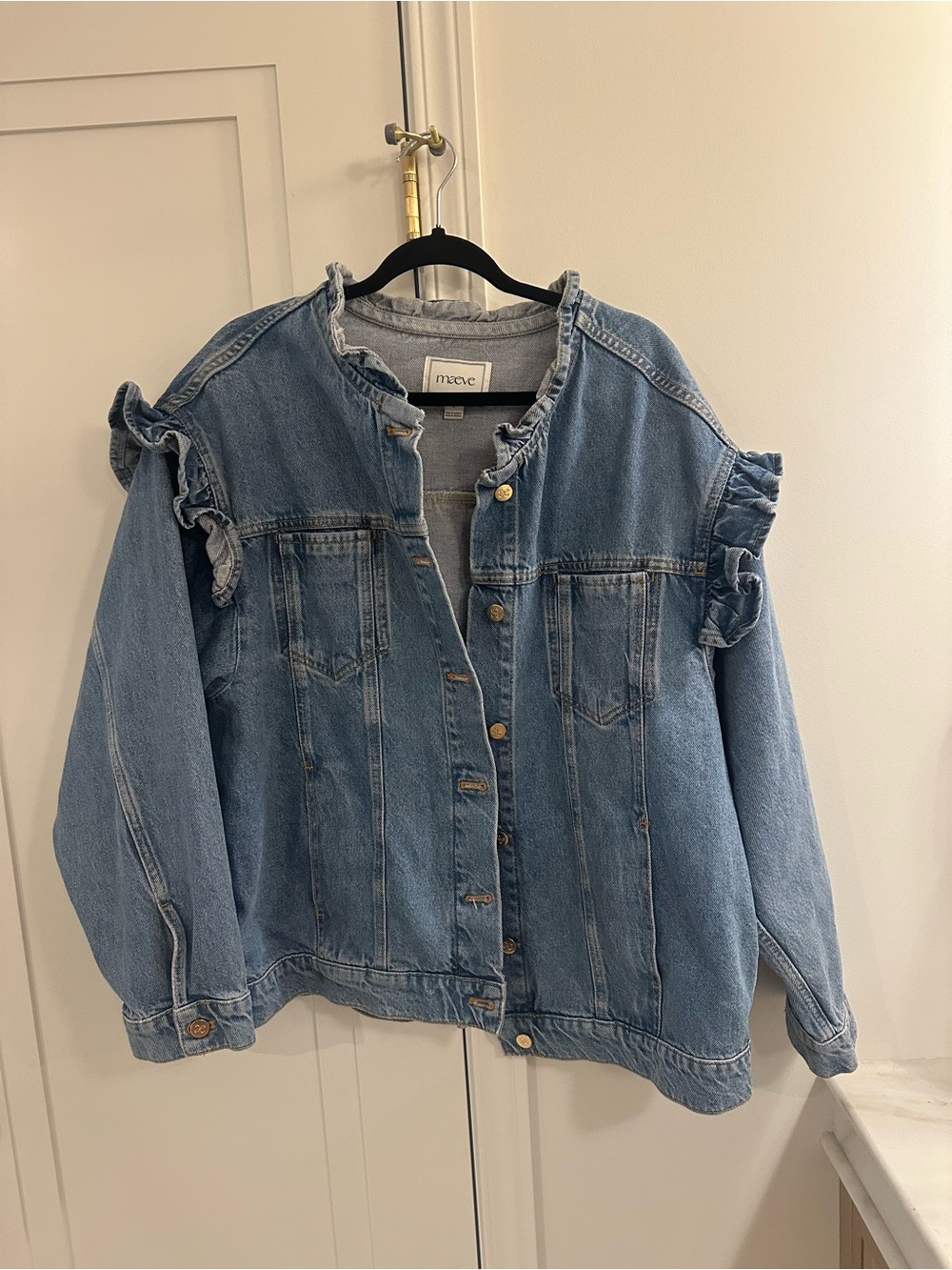 Maeve Denim Ruffle Trucker Jacket from Anthropologie